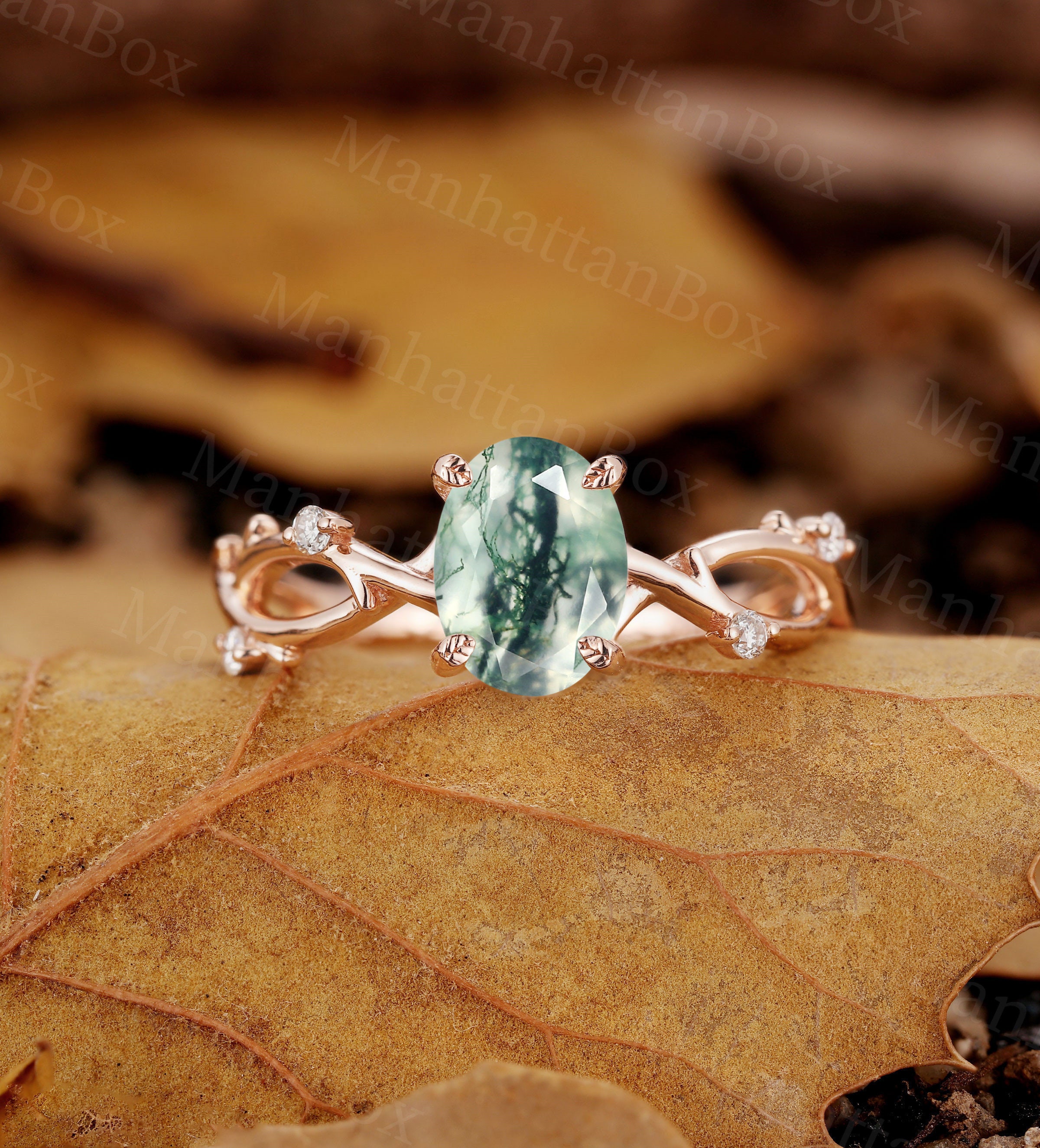 Natural Moss Agate engagement ring Antique Rose gold Oval | Etsy