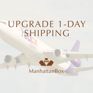 May include: A white FedEx airplane taking off against a white cloudy sky. The text "UPGRADE 1-DAY SHIPPING" is in brown text at the top of the image. The text "ManhattanBox" is in brown text at the bottom of the image.