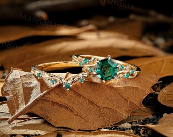 Nature Inspired Emerald Hexagon Engagement Ring Set Vintage