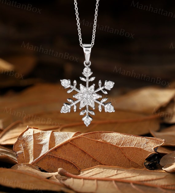 Delicate Winter Snowflake Necklace Dainty Moissanite White Gold Pendant Unique Christmas Gift for Her by Manhattan Box Etsy