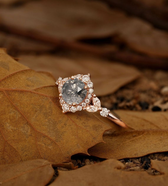 Vintage Salt and Pepper Diamond Engagement Ring Rose Gold Art Deco