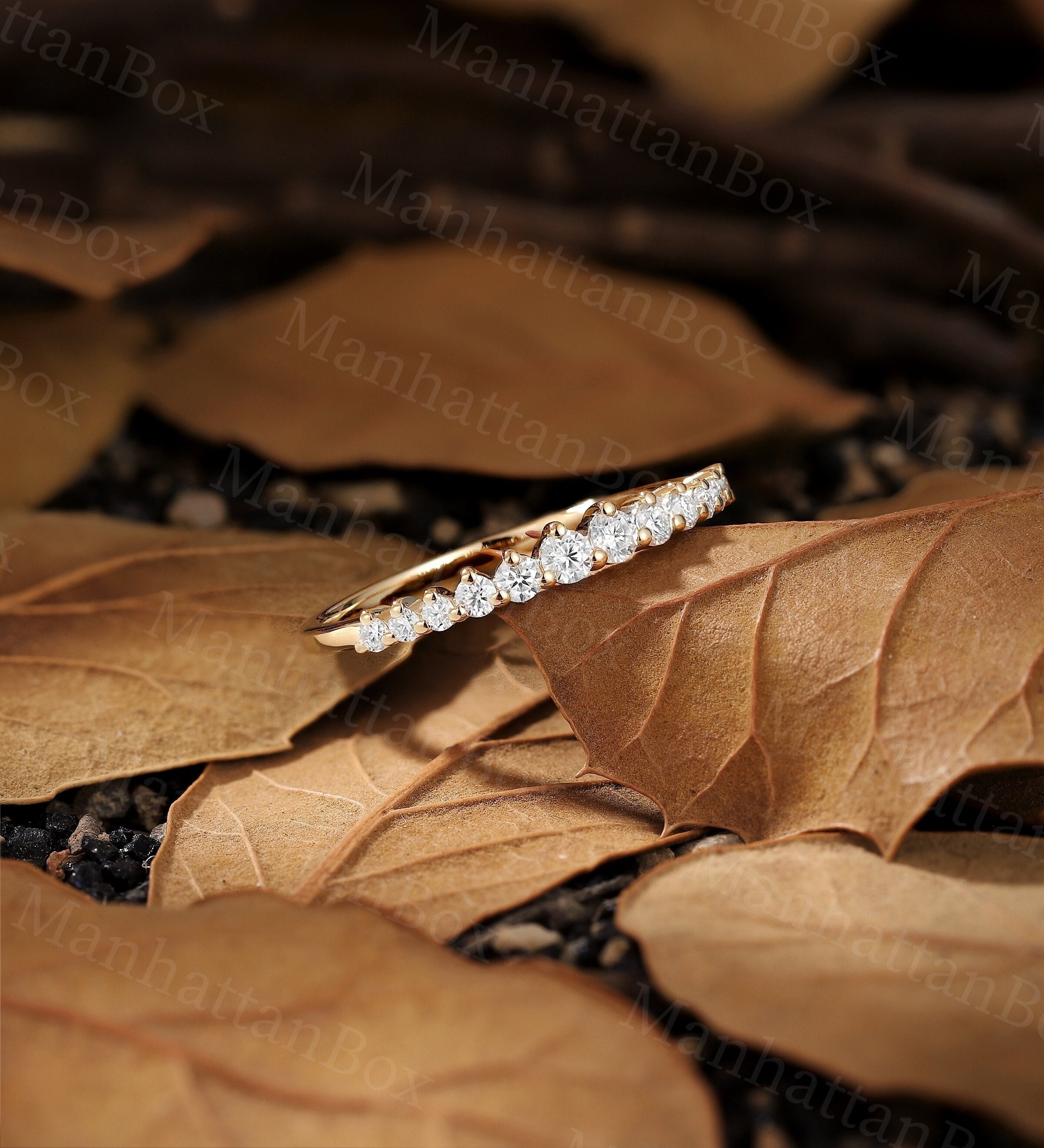 Simple Pave Yellow Gold Diamond Wedding Band - Round Moissanite Matching Ring - Half Eternity Stacking Band by ManhattanBox