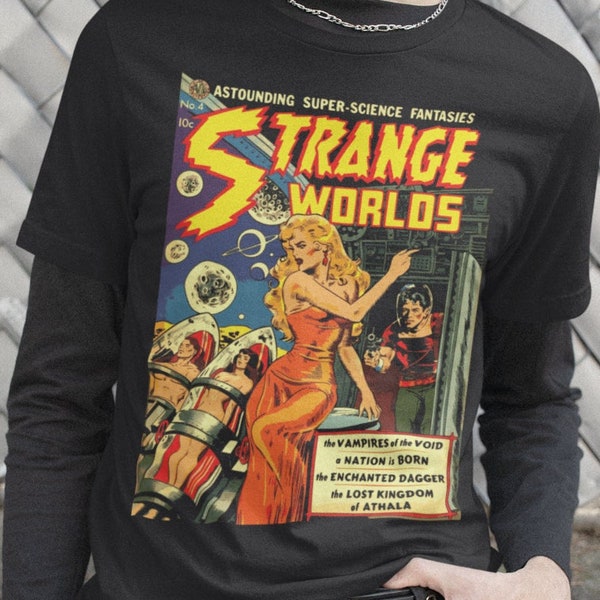 Strange Worlds - Maglietta vintage a fumetti di fantascienza