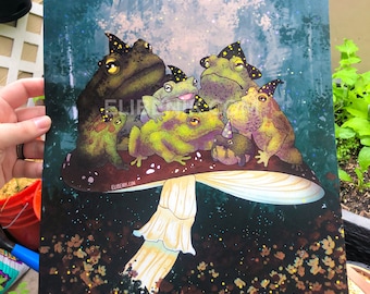 Magic frog and toad mushroom wizards  limited edition original art print