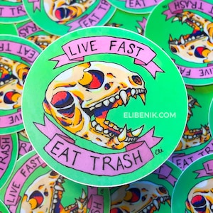 Live Fast Eat Trash: Raccoon Skull waterproof vinyl sticker