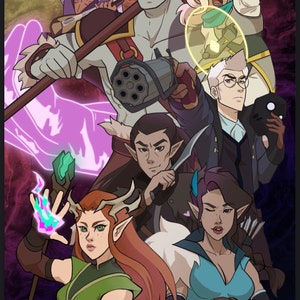 May include: A group of seven fantasy characters, including a warrior with a large gun, a wizard with a staff, a warrior with a sword, a warrior with a bow and arrow, a warrior with a staff, a warrior with a sword, and a warrior with a staff. The characters are all standing in front of a dark background.