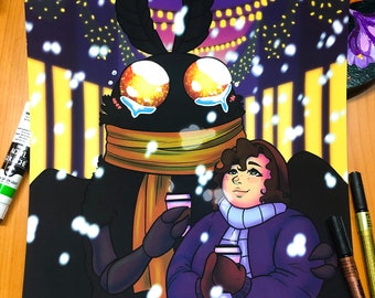 Mothman winter holiday Christmas lights date limited edition original art print