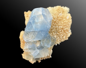 Rare cristal de célestine bleu cobalt transparent sur calcite Badghis Afghanistan 5 cm AFG53 pierres précieuses cristaux et minéraux