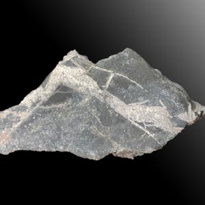 May include: A dark gray rock with white veining and a rough, textured surface. The rock has a jagged, irregular shape and is set against a black gradient background. The overall appearance suggests a natural mineral specimen.