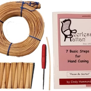 May include: A set of hand caning supplies including a roll of natural rattan cane, a red awl, a set of 10 wooden caning needles, and a booklet titled "7 Basic Steps for Hand Caning" by Cindy Hammond.  The booklet cover features a chair and the text "Peerless Rattan Since 1903".