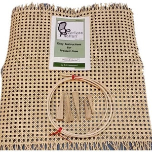 May include: A pressed cane kit for chair seating repair. The kit includes a sheet of cane, a roll of cane, wooden wedges, and instructions. The instructions are titled "Easy Instructions for Pressed Cane" and "Please Be Seated" by Ed Hammond.