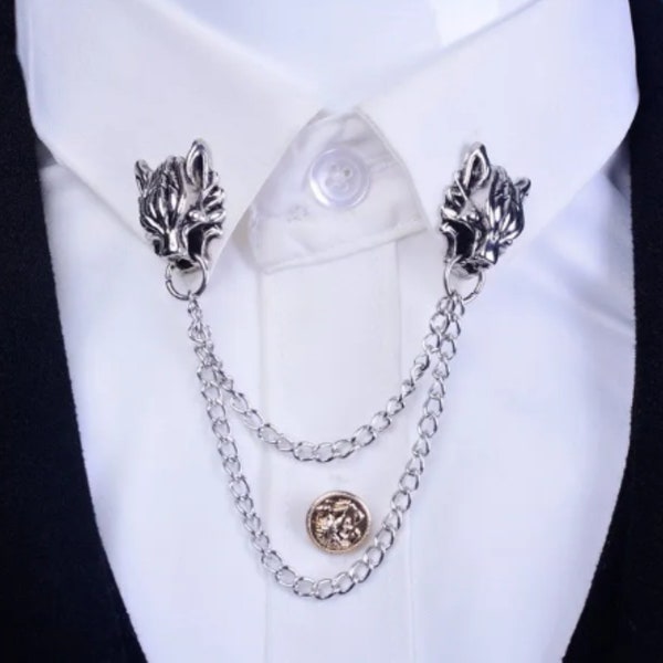 Wolf Shirt Collar Pin Chain Gift Brooch Antique Design