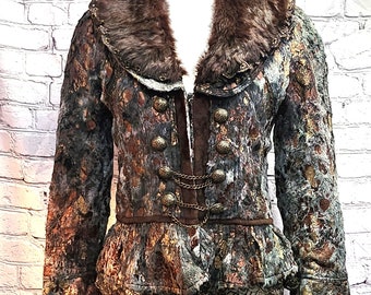 Victorian Medieval Inspired Jacket with Removable Rabbit Fur Collar Lace Trim