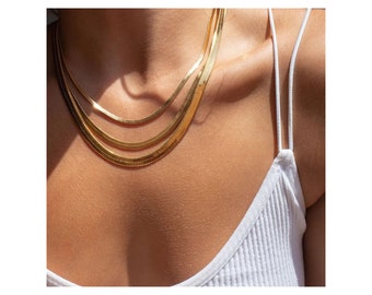 Gold Stainless Steel Flat Herringbone Chain Necklace - Minimalist Jewelry - Layered