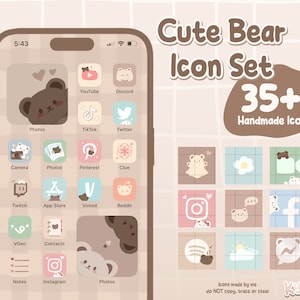 May include: A digital phone screen with a brown bear theme. The screen shows a grid of app icons with cute bear illustrations. The icons include apps like YouTube, TikTok, Twitter, Instagram, and more. The text "Cute Bear Icon Set 35+ Handmade Icons!" is displayed at the top of the screen.
