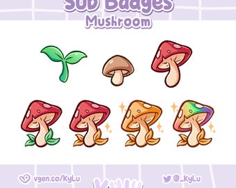 7 Cute Mushie Sub / Bits Badges | cottagecore Mushroom Badges for Twitch | cute soft cozy nature badges | sprout & red brown mushroom badges