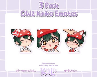 May include: A set of three Overwatch 2 Kiriko emotes featuring a cartoon character with green hair and a red and white fox mask. The emotes show the character with different expressions, including angry, surprised, and happy. The text "3 Pack OW2 Kiriko Emotes" is at the top of the image. The text "Emotes made by me do NOT copy, trace or steal" is at the bottom of the image.