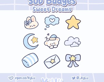 9 Cute Dreamy Sub / Bits / Discord Badges | Sweet Dreams Twitch badges | Soft, cute, kawaii, sleepy bunny badges | moon & stars | Blue bunny