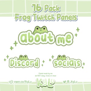 Może przedstawiać: Zestaw 16 zielonych paneli Twitch z żabami z tekstem "16 Pack Frog Twitch Panels", "about me", "Discord" i "socials".