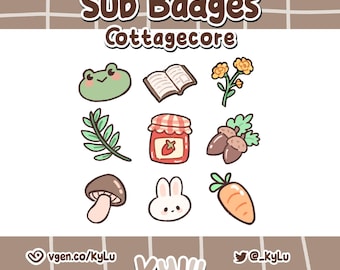 9 Cute Cottagecore Sub / Bits / Discord Badges | Cottagecore | Fairycore Badges for Twitch | Nature, foliage, mushroom, frog & bunny badges