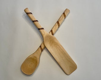 Hand Carved Wooden Spoon and Spurtle Utensil Set