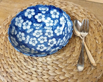 Plat saladier français en céramique fleuri - bols motifs bleus vintage - bohème