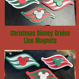 May include: A collection of Christmas-themed magnets featuring a Mickey Mouse head design. The magnets are in the shape of a ship's flag, with red, green, and white stripes. The text "Christmas Disney Cruise Line Magnets" is also visible.