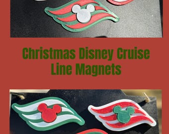 May include: A collection of Christmas-themed magnets featuring a Mickey Mouse head design. The magnets are in the shape of a ship's flag, with red, green, and white stripes. The text "Christmas Disney Cruise Line Magnets" is also visible.