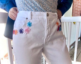 Hand-Embroidered Rainbow Flowers on White Jeans