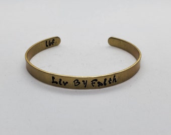 Live By Faith Hebrews 10:38 Signature Cuff  Handmade Stamped Scripture Bracelet