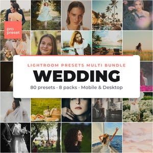 Può includere: Una visualizzazione di prodotto digitale che presenta un collage di varie fotografie di stile di vita e matrimoni. L'etichetta rettangolare bianca centrale contiene il testo: LIGHTROOM PRESETS MULTI BUNDLE WEDDING 80 presets 8 packs Mobile & Desktop.