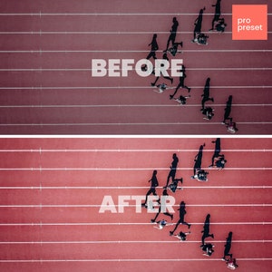 May include: Before and after image showing the effect of a photo editing preset on a photo of runners on a red track. The text "BEFORE" and "AFTER" is displayed above the images.