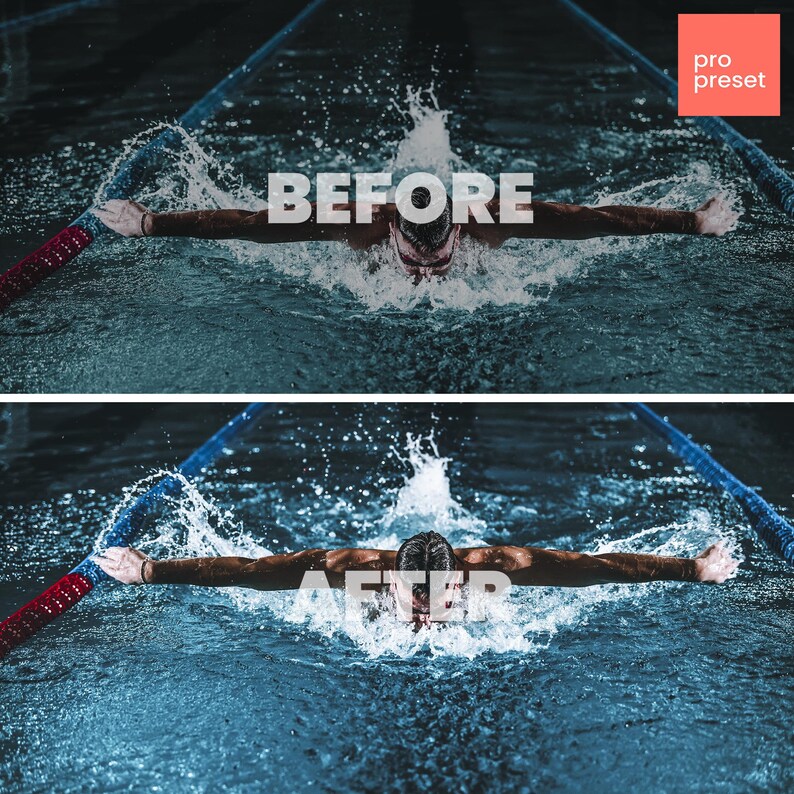 May include: Before and after image of a swimmer doing the butterfly stroke in a pool. The image on the left shows the swimmer in the water with minimal splashing. The image on the right shows the swimmer with more splashing and a brighter, more vibrant color tone.