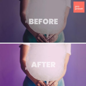 May include: Before and after photo showing the effect of a photo filter. The photo shows a person holding a white cotton candy. The background is a purple color. The text "BEFORE" is on the top image and the text "AFTER" is on the bottom image.