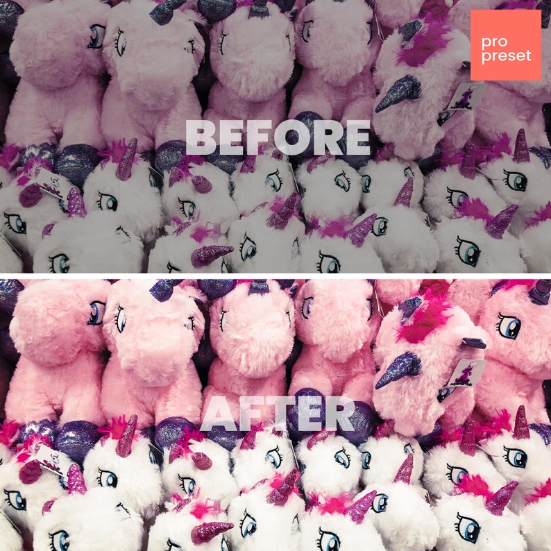 May include: Before and after image showing the effect of a pro preset filter on a group of pink and white unicorn plush toys. The before image shows the toys in a muted pink and white color, while the after image shows the toys in a brighter, more vibrant pink and white color.