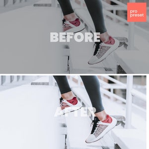 May include: Before and after photo showing the difference a photo filter can make. The photo shows a person's legs wearing black leggings and white sneakers with red accents. The photo on the left is a bit darker and the photo on the right is brighter and more vibrant.