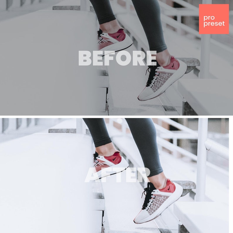 May include: Before and after photo showing the difference a photo filter can make. The photo shows a person's legs wearing black leggings and white sneakers with red accents. The photo on the left is a bit darker and the photo on the right is brighter and more vibrant.