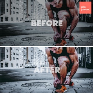 May include: Before and after image showing a man tying his shoelaces. The image on the left is a black and white photo. The image on the right is a color photo with a more vibrant color palette. The text "BEFORE" is superimposed on the left image and the text "AFTER" is superimposed on the right image.