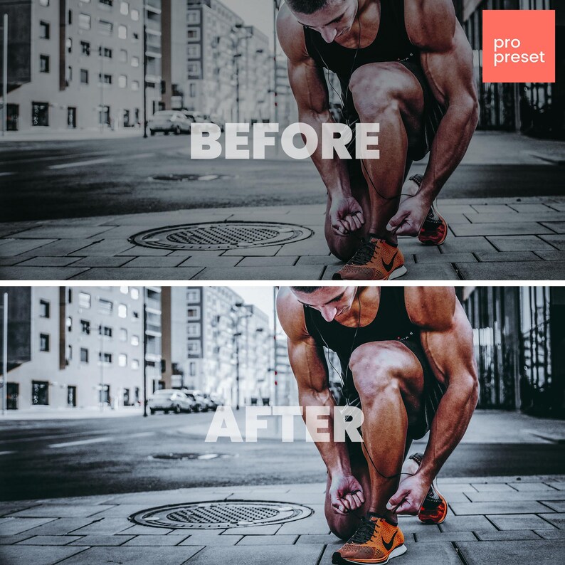 May include: Before and after image showing a man tying his shoelaces. The image on the left is a black and white photo. The image on the right is a color photo with a more vibrant color palette. The text "BEFORE" is superimposed on the left image and the text "AFTER" is superimposed on the right image.