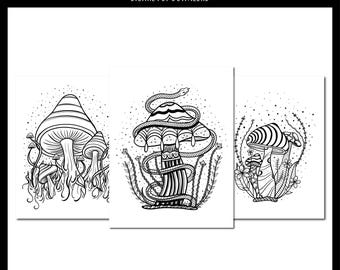 Mushroom Coloring Pages - Set of 3 | Digital Download | Printable PDF | Mushroom Design Coloring | Coloring Pages by Manic By Design