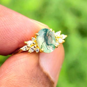 Dainty Oval Natural Moss Agate 925 Sterling Silver Engagement Ring Art Deco Vintage Green Moss Agate  Promise Ring Gold moss Agate Ring Gift
