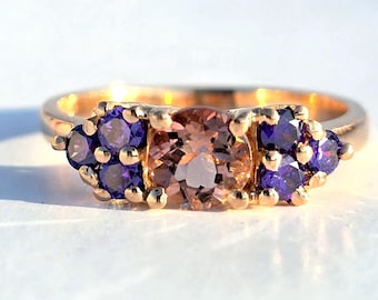 Tourmaline & Amethyst Ring: 14k Gold Cluster Engagement Wedding Promise Ring