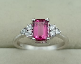 Pink Tourmaline Ring 14k Gold Emerald Cut Tourmaline Ring-Art Deco Engagement Ring-Pink Tourmaline Gold Ring For Women-Gift For Her