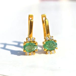 Emerald Gold Stud Earrings/14k Solid Gold Earrings/Sterling Silver Oval Emerald Earrings/Stud Earrings/May Birthstone Earrings/Gift For Her