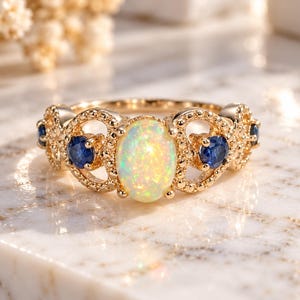 Vintage Fire Opal And Sapphire Engagement Ring-10k Blue Sapphire Bridal Wedding Ring-Welo Opal Promise Ring-Unique Blue Sapphire Opal Ring