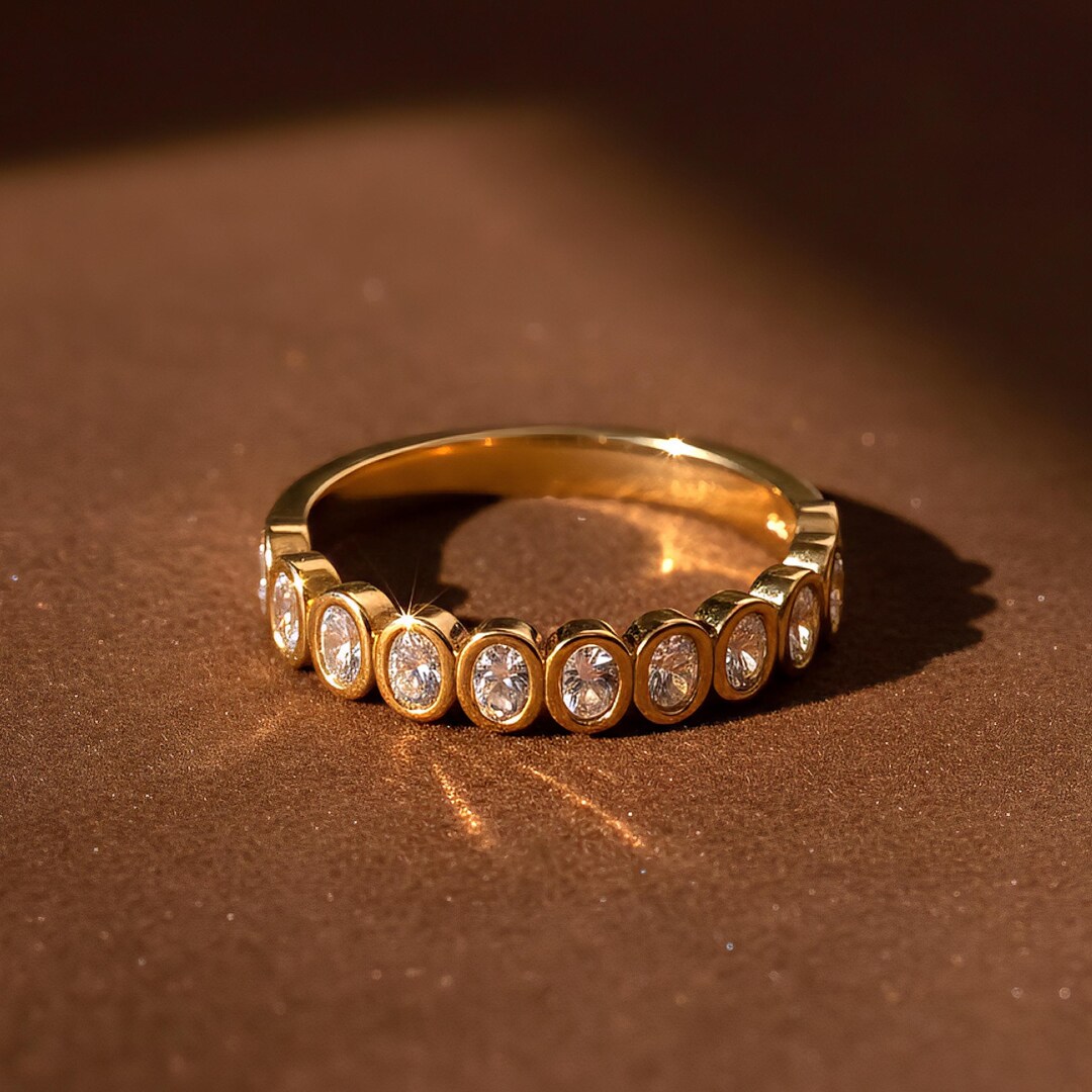 Moissanite Half Eternity Band 14k Gold Bezel Set Wedding Band Vintage ...