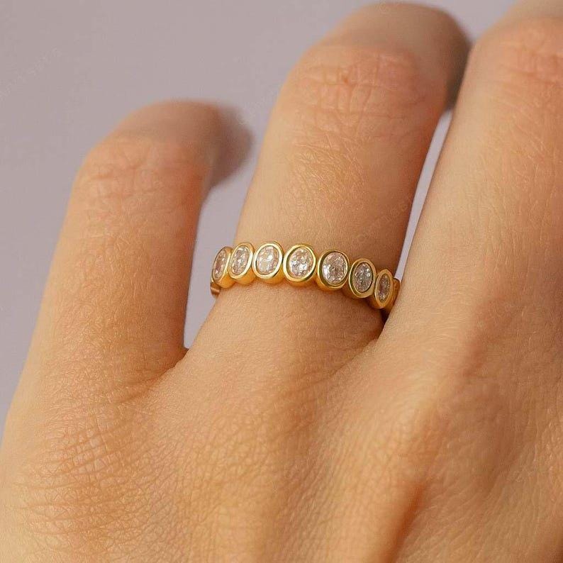 Moissanite Half Eternity Band 14k Gold Bezel Set Wedding Band Vintage ...