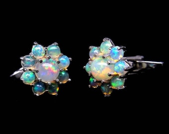 Flower Opal Cufflinks-Fire Opal Cluster Silver Cufflinks-Grooms Wedding Cufflinks-Fire Opal Gemstone Engagement Cufflinks-Gift For Father