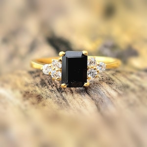 Natural Black Onyx Emerald Cut Ring Onyx Engagement Gold Ring 18k Gold Vermeil 925 Sterling Silver Ring Black Octagon Ring Boho Minimal Ring