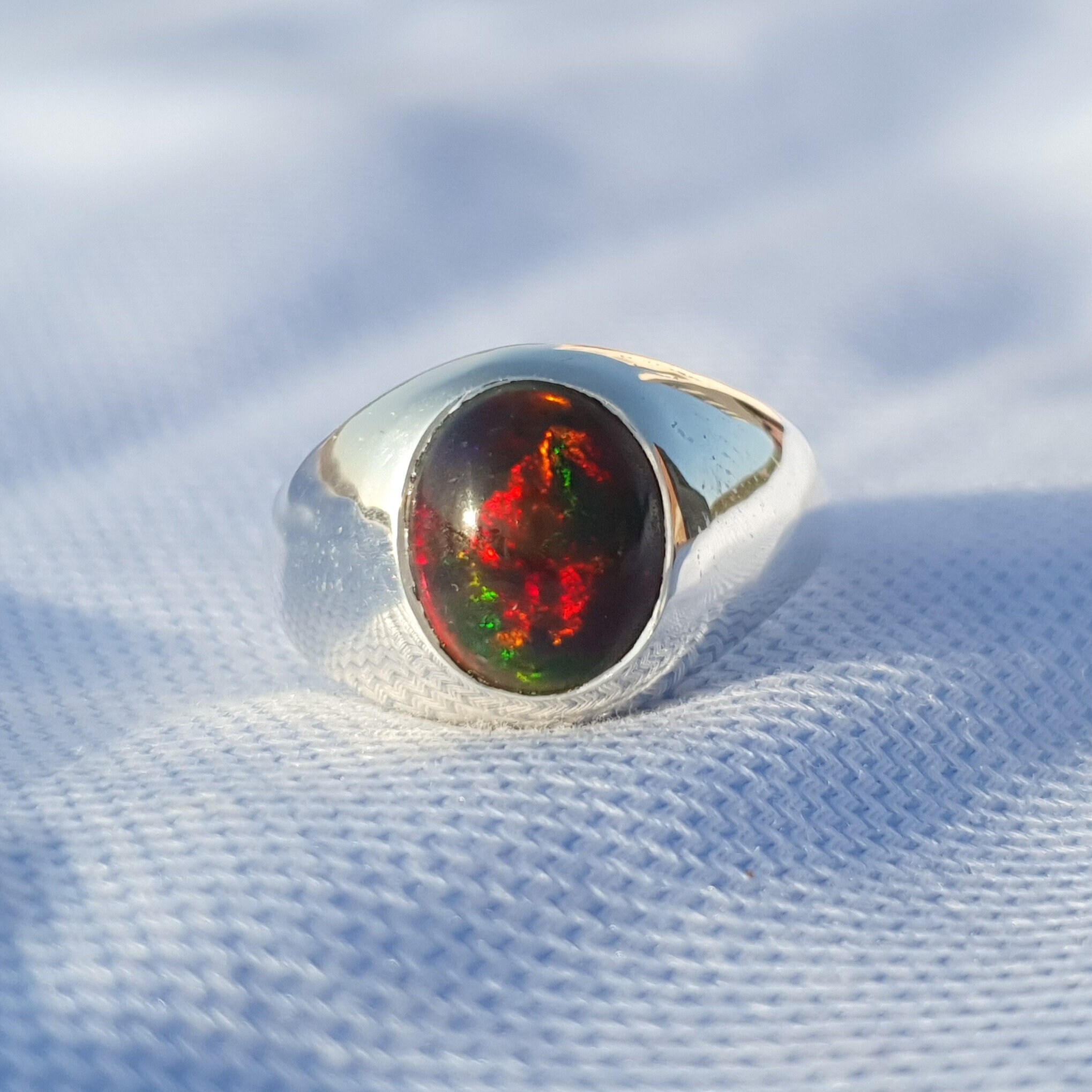 Black Opal Signet Ring Men Fire Opal Masculine Ring Genuine Opal Oval ...